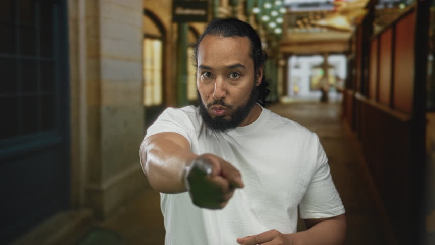 Man points finger with outstretched arm in building corridor wearing white t shirt and visible beard; assertion focus.
