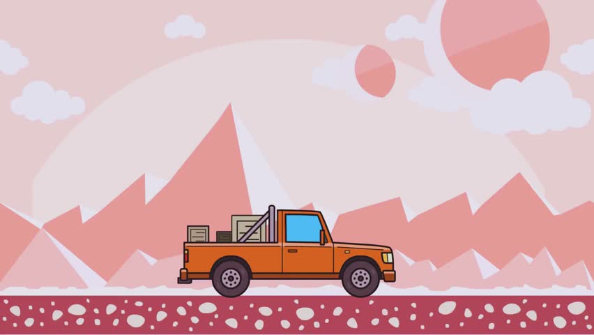 Creative flat-style illustration of a pickup truck loaded with boxes, driving through a surreal pink extraterrestrial desert with rocky mountain formations in the background. Perfect for sci-fi projec
