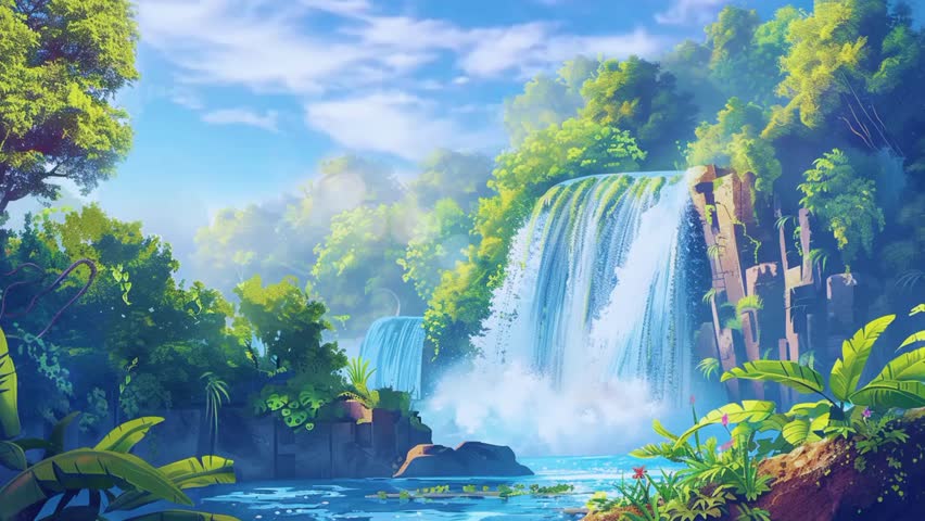 Stunning video of a waterfall surrounded by lush greenery, perfect for creating a peaceful, nature-themed video background. Ideal for relaxation videos, meditation content, presentations, and creative