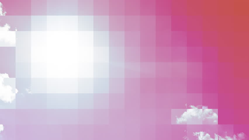 Orange and pink sky with the sun and white clouds moving across the image from left to right. Illustration for global warming and air pollution. Mosaic graphic effect. Seamless looping animation.