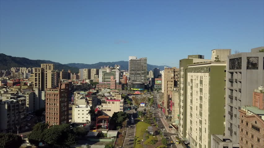 taiwan sunny taipei cityscape night market district traffic streets aerial panorama 4k