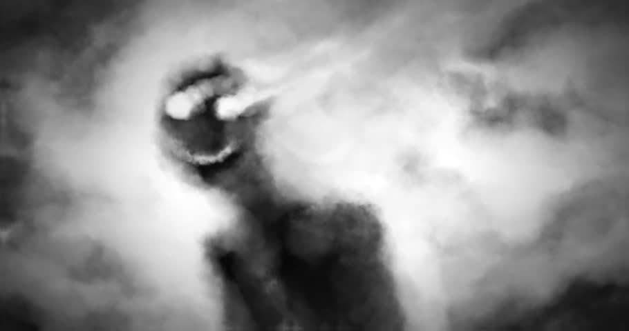 Dark animation with hellish storm of evil monsters. Collection of nightmares for creepy Halloween. Scary video clip with demons, things, ghosts and creepy shadows. Black and white colors background.