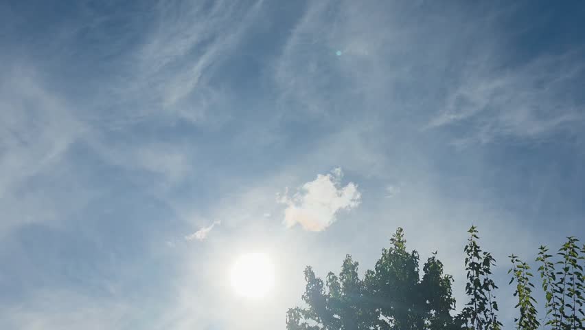 Bright sky with sun and light clouds over trees, the sky over Wüsting, 27798 Hude, Germany