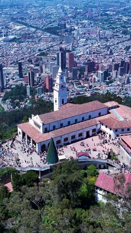 Monserrate Sanctuary At Bogota In Cundinamarca Colombia. Monserrate Church Landscape. Religion Background. Bogota At Cundinamarca Colombia. Church Aerial View. Pilgrimage Scenery.