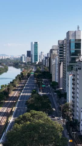 Iconic Freeway At Sao Paulo In Brazil. Downtown Cityscape. Freeway Road Scenery. Highrise Buildings Landscape. Iconic Freeway At Sao Paulo In Brazil. Metropolitan Background. Sao Paulo Brazil.