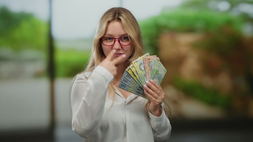 Woman holding romanian lei on a city street, making a watchful gesture, suggesting financial awareness and confidence, outdoor urban setting complementing her dynamic presence.