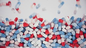 Red, white, and blue capsules falling and filling the screen. Ideal for medical or pharmaceutical topics.  4K Prores 4444 animation with a transparent background (alpha channel). - Powered by Shutterstock - Get 15% off with code: PIKWIZARD15