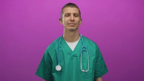 Man doctor in green uniform with stethoscope stands against pink background isolated calmly, embodying healthcare professionalism. - Powered by Shutterstock - Get 15% off with code: PIKWIZARD15