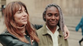 Interracial relationship, traveling with adventure and freedom to love. Friends, colleagues or lesbian couple walking on the street in the city. gay or lesbian enjoy the time together - Powered by Shutterstock - Get 15% off with code: PIKWIZARD15