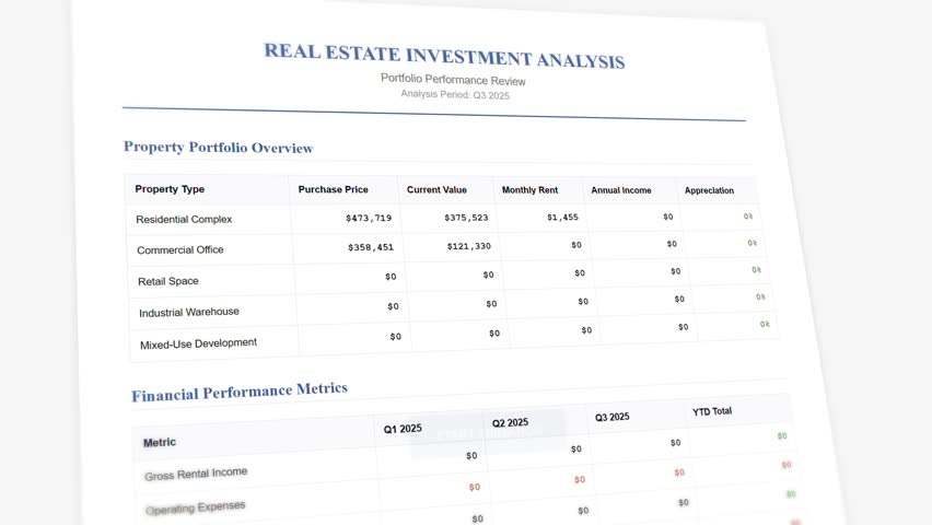 Real estate investment analysis document with animated financial data and property portfolio metrics