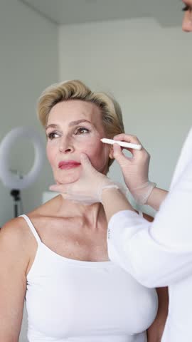 Mature woman on cosmetic consultation in aesthetic clinic, dermatologist marking lifting lines on face, planning non-surgical facelift, professional anti-aging skincare and beauty treatment
