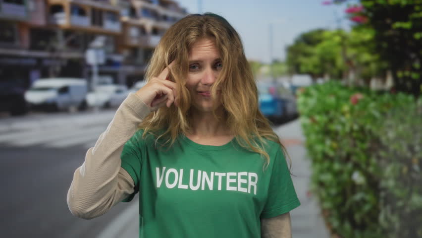 Woman makes a playful head gesture on a crowded street, capturing the blonde young volunteer spirit outdoors while smiling and thinking intently.