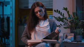 Upset sad woman watching photo album book memories photos thoughtful Caucasian female dreaming looking pictures collection alone at home night apartment dreamy girl relaxing thinking pleasant emotions - Powered by Shutterstock - Get 15% off with code: PIKWIZARD15