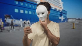 Man in white mask holds smartphone and touches chin at port near a moored cruise ship; identity uncertainty. - Powered by Shutterstock - Get 15% off with code: PIKWIZARD15