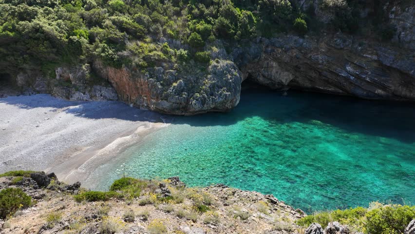 The stunning Cala Bianca beach, near Marina di Camerota, Cilento, Campania, Italy.