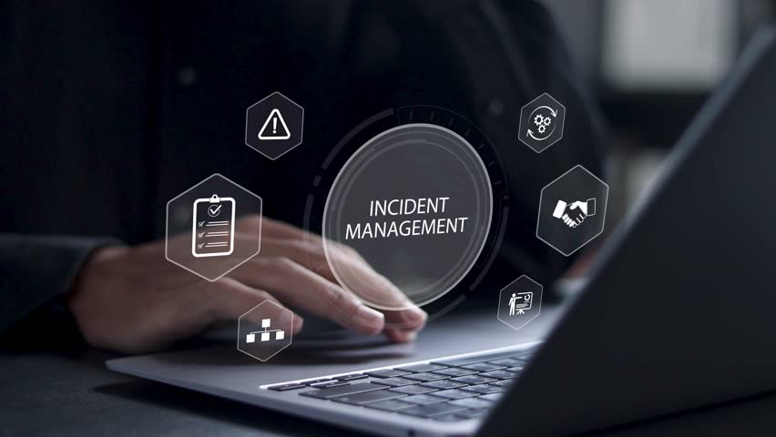 Incident management process business technology concept. diagnosing and resolving unexpected problems that occur. Businessman use laptop with incident management icon on virtual screen. 
