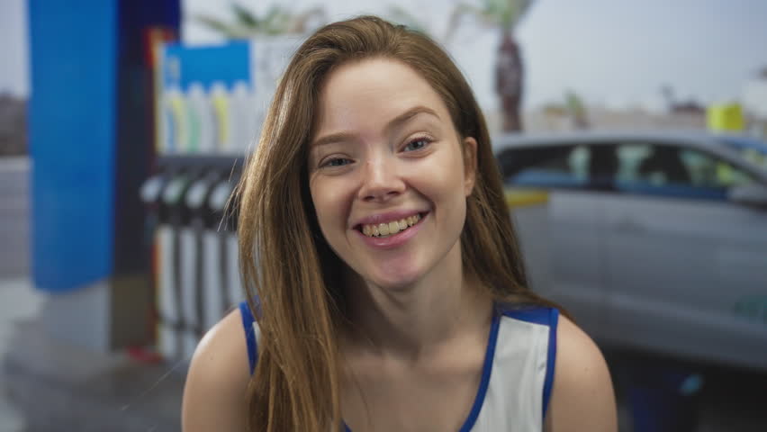 Woman in a white cheerleader top with red letters showing wide eyes near a gas pump at building; surprise.
