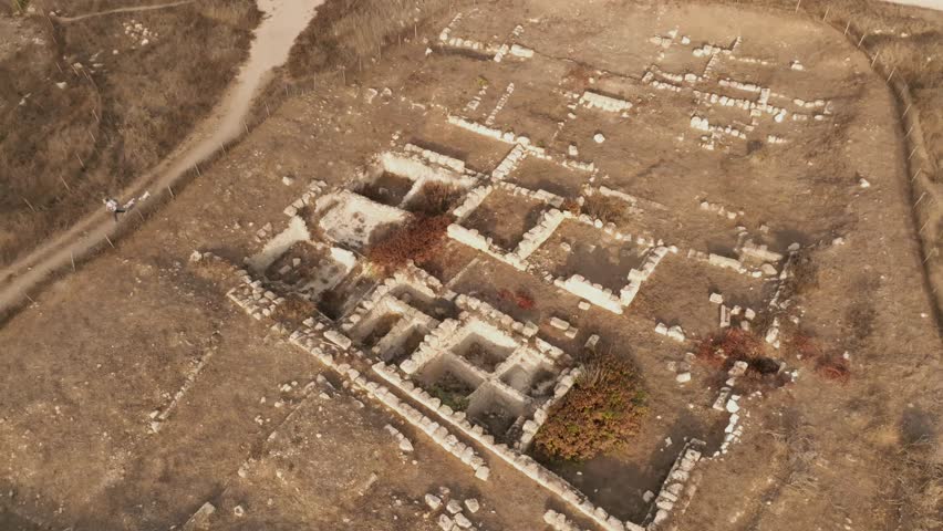Aerial View of Tel Shikmona Ancient Ruins on Mediterranean Coastline Israel