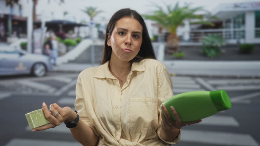 Woman holding green shampoo bottle and soap, reads label and inspects bar with hands in street crosswalk; product choice contemplation.