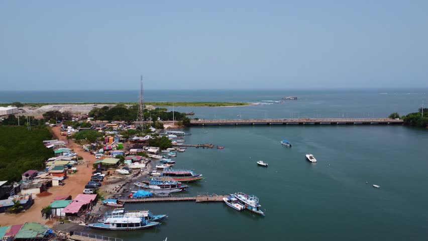 This aerial shot showcases a harbor with boats docked near buildings and lush vegetation. The scene includes natural elements, creating a vibrant coastal view.
