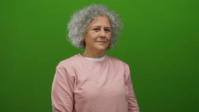 Woman with curly grey hair making a come here gesture against a bright green wall, wearing a pink sweater, conveying a friendly and inviting demeanor with focus on her expression. - Powered by Shutterstock - Get 15% off with code: PIKWIZARD15