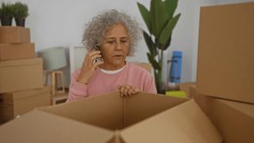 Woman unpacking boxes in new home living room, talking on phone, surrounded by cardboard packaging, middle-aged and grey-haired, indicating moving and relocation activity. - Powered by Shutterstock - Get 15% off with code: PIKWIZARD15