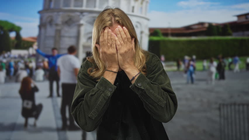Man with long blond hair wearing dark jacket hiding his face behind both hands in front of pisa tower building; embarrassment introspection vulnerability selfconsciousness.