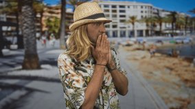 Man in straw hat touches cheek on sunny beach promenade beside gentle ocean surf and palm trees; anxiety. - Powered by Shutterstock - Get 15% off with code: PIKWIZARD15