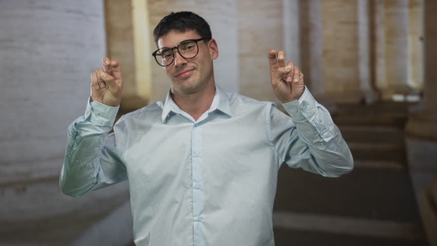 Young hispanic man shows finger quotes with both hands on a historic street of an old town outdoors; skepticism.