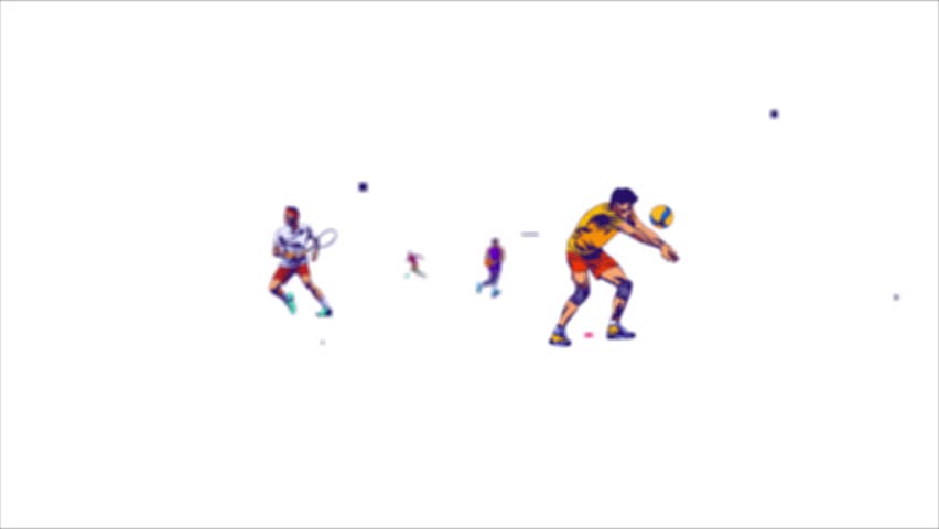 Animated footage welcoming a national sporting event. Featuring tennis, football, basketball, and volleyball athletes. Modern style conveys energy and excitement, perfect for a sporting event intro