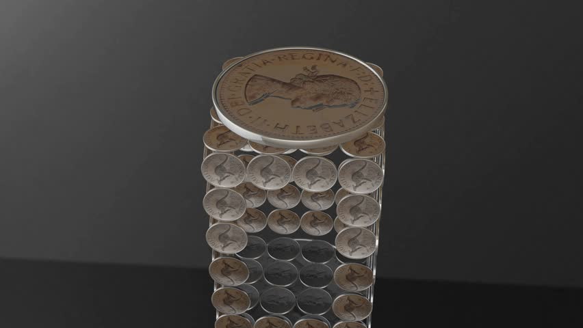 Close-up of an Australian 1 Penny coin featuring Queen Elizabeth II’s first portrait, placed on top of a cube made of coins.