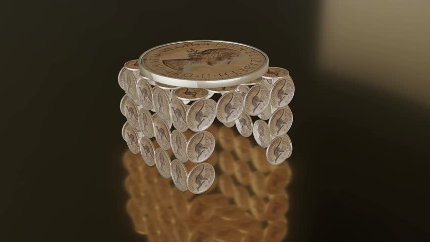 Side perspective of stacked Australian 1 Penny coins creating a glowing cube, featuring Queen Elizabeth II’s first portrait.