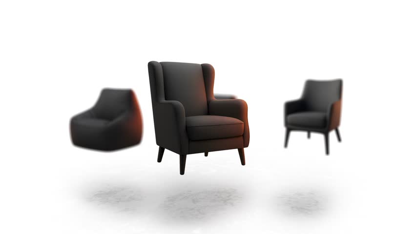 Animated rotation of single armchairs and beanbag chairs. Furniture product sales and e-commerce shopping.