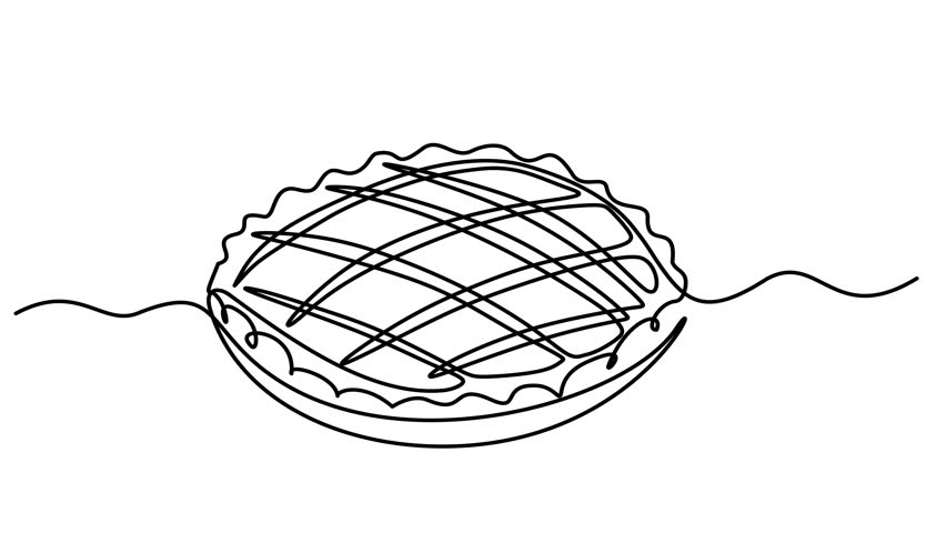 Animated self drawing of continuous line draw delicious apple pie or cake. Pastry shop concept.. Full length one line animation. 4K	