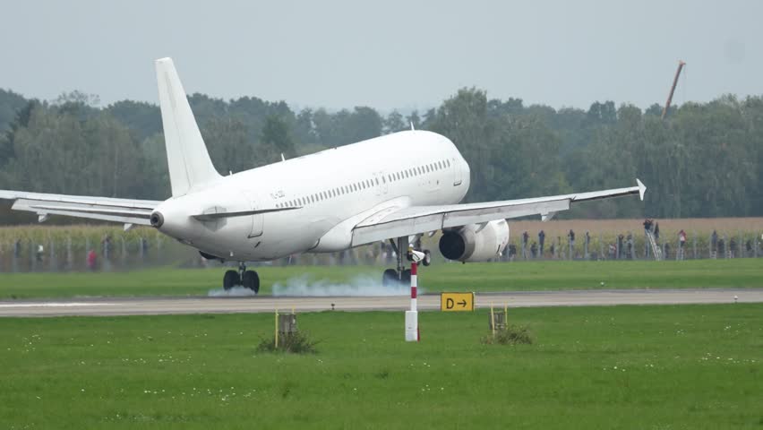 Passenger plane gracefully touches down on runway at busy airport