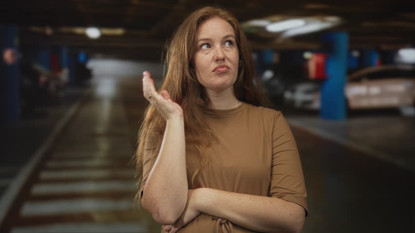 Woman in brown shirt with arms crossed and hand on chin in indoor parking garage building; uncertainty.