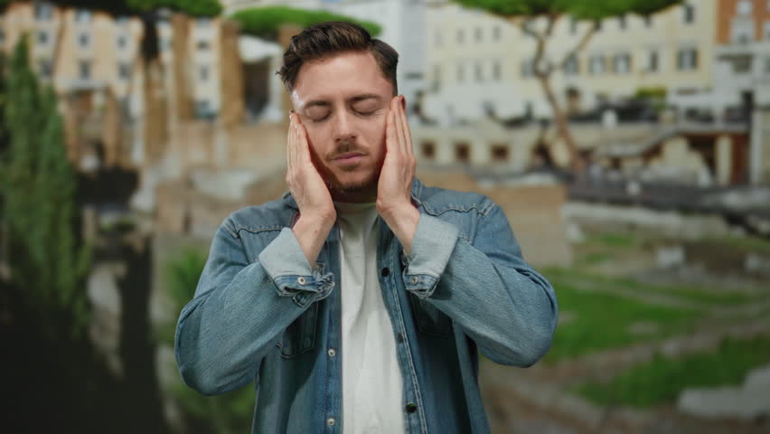 Stressed young man with beard standing outdoors in roman ruins wearing denim, feeling overwhelmed by historic atmosphere around him.