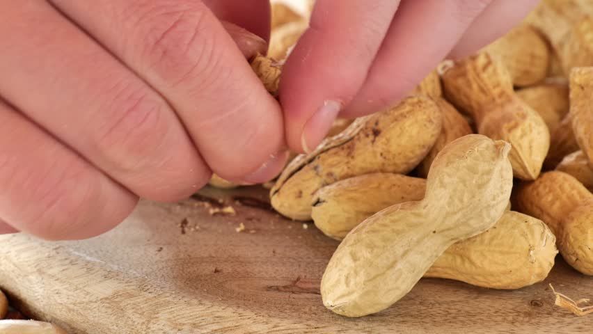Peanuts. Healthy fats. fingers peeling peanut kernels from their shells. Peanut butter ingredient.Plant-based protein source. 4k footage