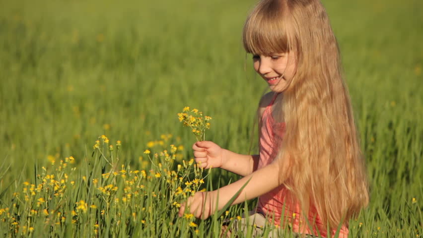 Kid sitting in field and picking flowers
