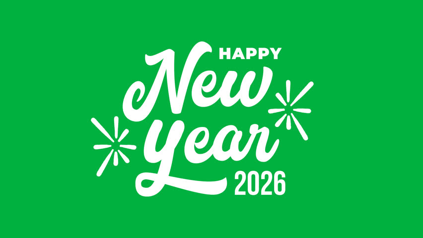 Happy New Year 2026 on green screen background. Happy New Year celebration concept.New Year 2026