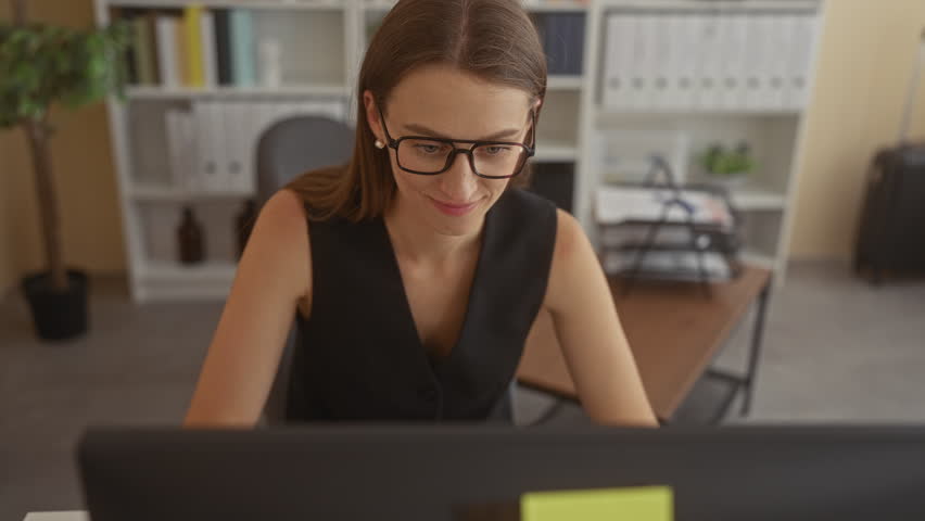 Woman at computer smiling and raising fists at office desk in building, eyeglasses and monitor visible; career triumph. - Powered by Shutterstock - Get 15% off with code: PIKWIZARD15