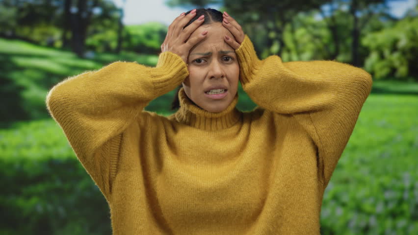 Woman expressing frustration in a green park wearing a yellow sweater on a bright day with a worried expression and hands on head showing outdoor stress.