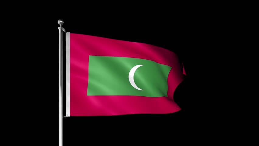 Close-up of Maldives national flag waving in the wind isolated on black screen. Seamless 3D render animation. Slow motion loop. Selective focus