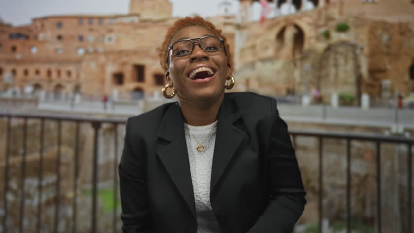 Young african american woman laughing and pointing finger at ancient historic roman ruins; joyful laughter.