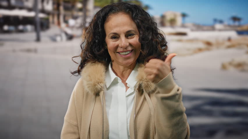 Woman in casual coat with curly hair smiles while giving thumbs up at a seaside, capturing a beautiful, mature, hispanic presence outdoors on the sunny beach.