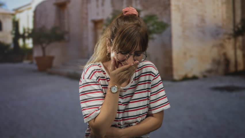 Woman covering mouth with hand while laughing on street in front of old building wearing glasses and striped shirt; amusement shyness.