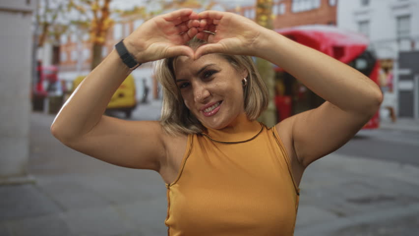 Blonde woman makes heart shape gesture with hands on a bustling downtown city street corner scene; love.