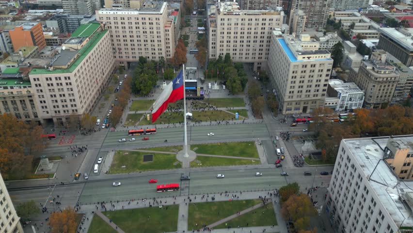 Drone View of Plaza de la Ciudadania with Chilean Flag Santiago Chile