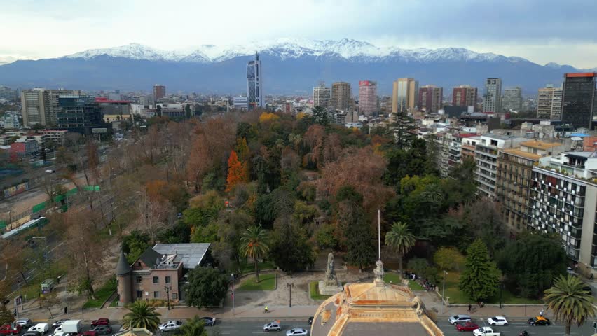 Aerial View of Parque Forestal Santiago with Andes Mountains in Background