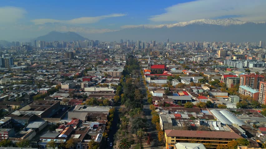 Drone View of Santiago City with Andes Mountains Background